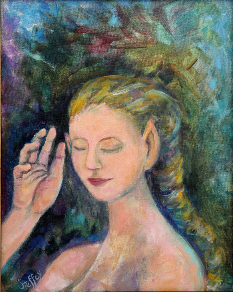 Woman with elfin ears holds her hand up to her ear, appraently listening