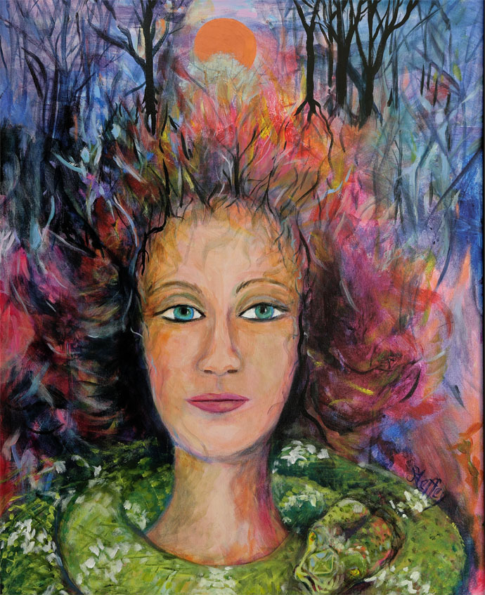feminine figure with a strong, piercing glance,