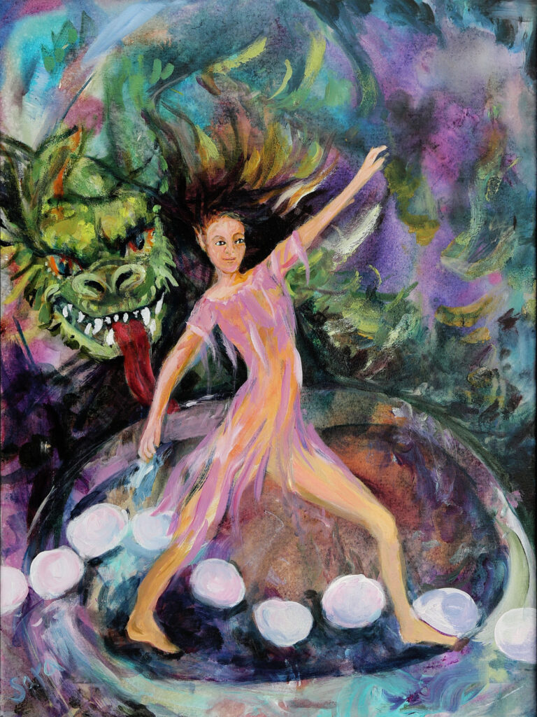 Acrylic painting of a woman on an abalone shell with pearls and a green dragon behind her