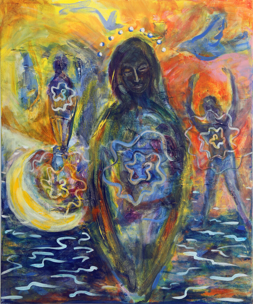 dark figure central to the composition with additional scenes and figures on both sides of her