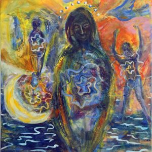 dark figure central to the composition with additional scenes and figures on both sides of her