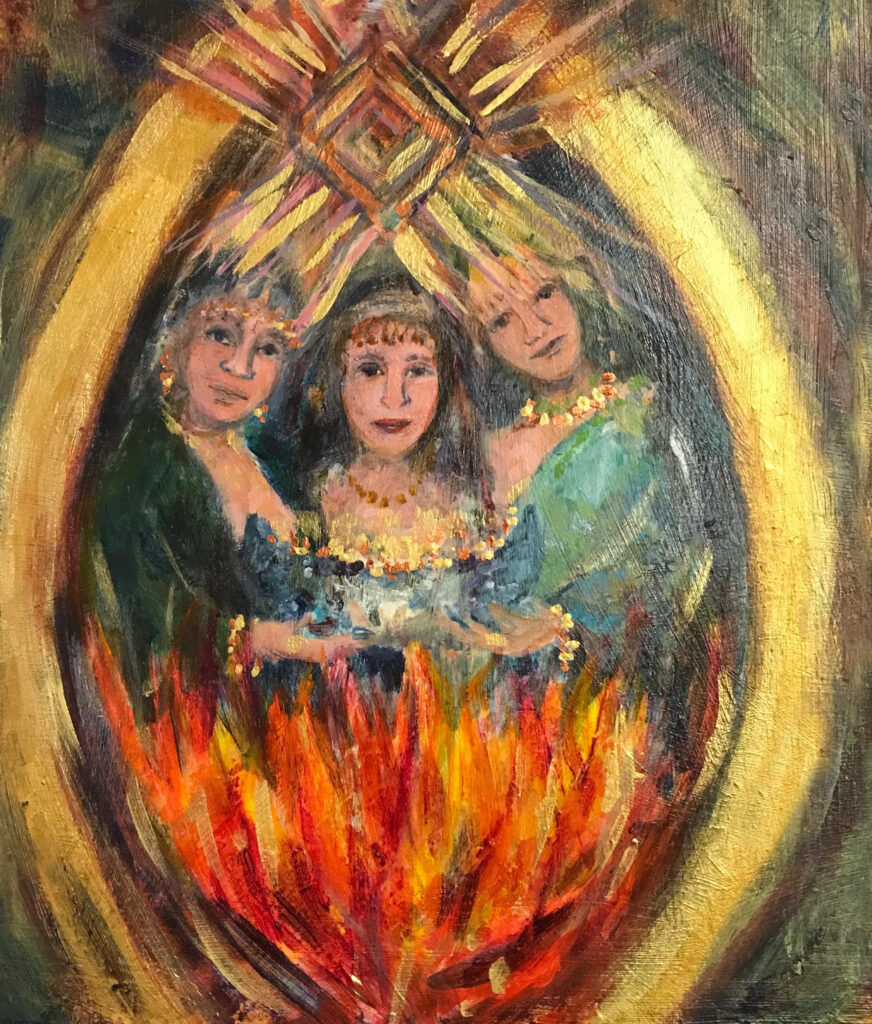 three female figures enclosed in a gold shape holding a cauldron and with a fire