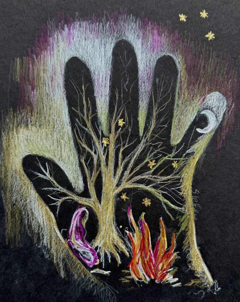 silhouette of a hand with images of a fire, a tree and a women inside of it with stars outside the hand
