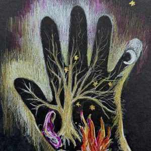 silhouette of a hand with images of a fire, a tree and a women inside of it with stars outside the hand